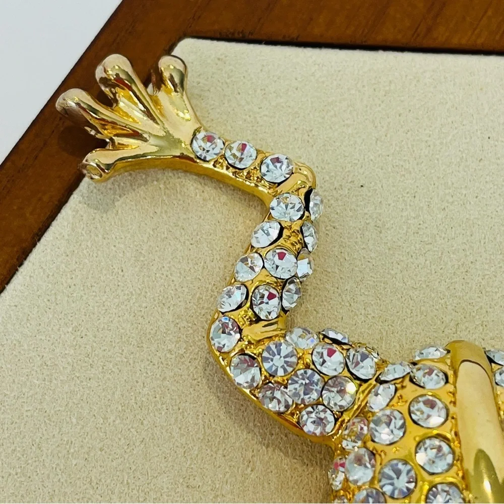 Gold and Crystal Leaping Frog With Emerald Green Eyes Brooch